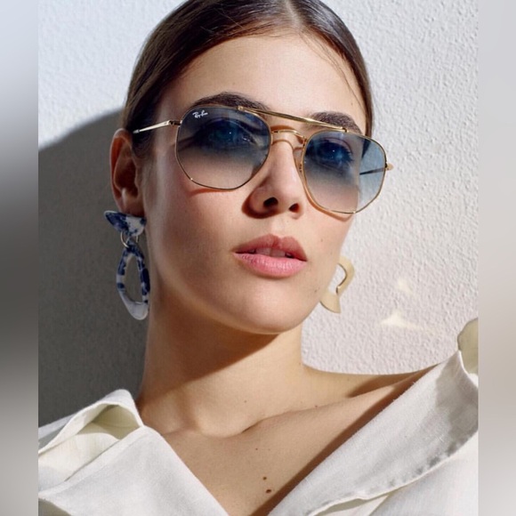 Ray-Ban Sunglasses Marshal II RB3648 Aviator Gold Hexagon Frame Light Blue 360 - Picture 6 of 15